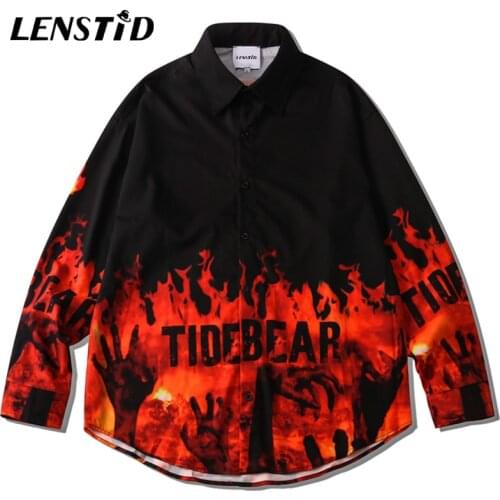 LENSTID Men Long Sleeve Hawaiian Beach Shirt Hip Hop Fire Flame Hand Print Harajuku Streetwear Holiday Casual Loose Aloha Shirts