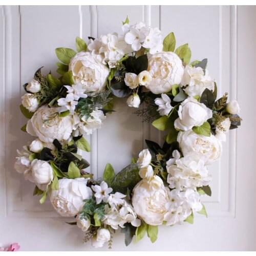 40cm Artificial Wreath Natural Rattan Ring White Peony Garlands Decorative Wall Home Wedding Background Decor Hanging Flower
