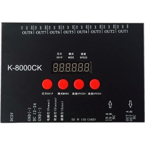 K-8000CK (Upgraded version of T-8000),SD card LED pixel controller;off-line;SPI signal output:1024pixes*8ports=8192pixels