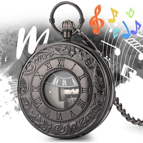 Castle in the Sky Melody Musical Pocket Watch Retro Black Roman Numerals Design Half Hunter Quartz Music Pocket Clock Gifts