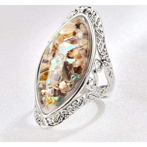Elegant Colorful Shell Big Stone Resin Rings For Women Jewelry Vintage Oval Finger Ring Artificial Coral Accessories F4P448