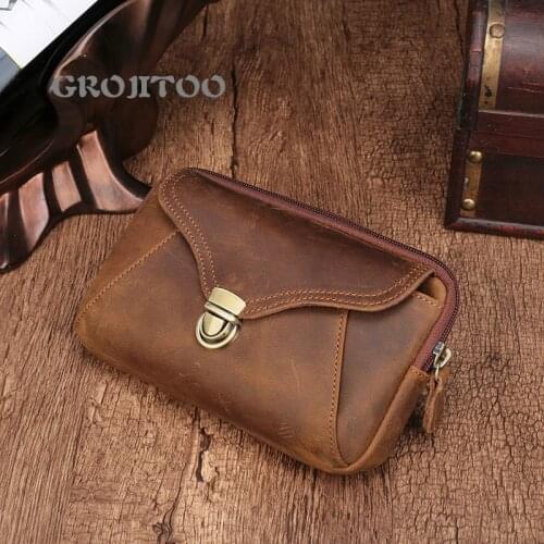 GROJITOO Leather mobile phone mens waist bag Crazy Horse Leather horizontal wear belt waist bag top layer cowhide zero purse