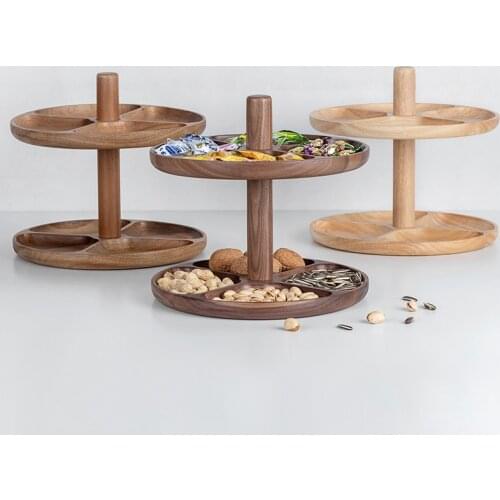 Creative Double Layer Wooden Storage Tray Japan Style Round Rotatable Snacks Plate Eco Natural Wood Fruits Plate Candies Plate