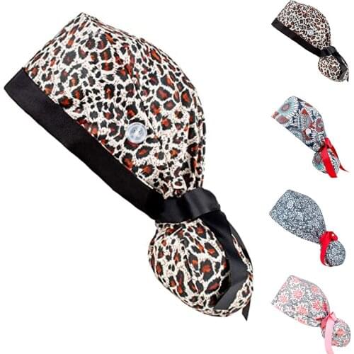 Lab Caps Health Workers Work Caps Cotton Print Adjustable Sweatband Button Bouffant Hats Washable Hats Women Long Hair #W5