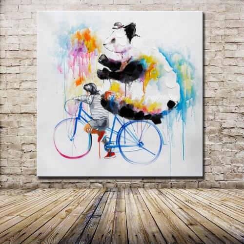 Mintura Pop Art Handpainted Children And Panda Animal Oil Painting On Canvas Wall Picture For Childrens Hedroom Decoration Gift