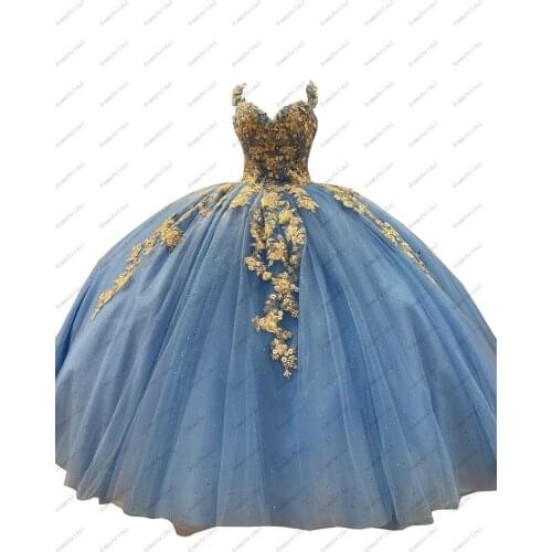 Delicate 2021 Gold 3D Floral Flowers Lace Light Blue Quinceanera Dresses 15 Years Girl Ball Gown Party Debutante Evening Dress