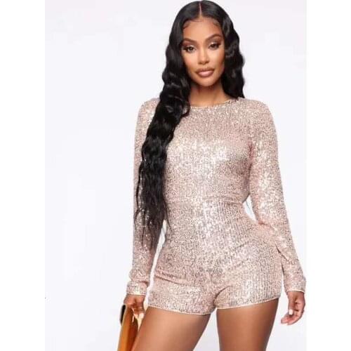 New women Hoodie round neck jumpsuit sequined long sleeve glitter party elegant overalls short jumpsuit