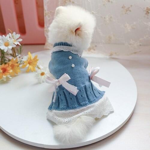 Adorable Bows Dog Sweater Pink Blue Princess Cotton Pet Clothes Lace Edge Knitting Puppy Pomeranian Schnauzer Apparel Supplies