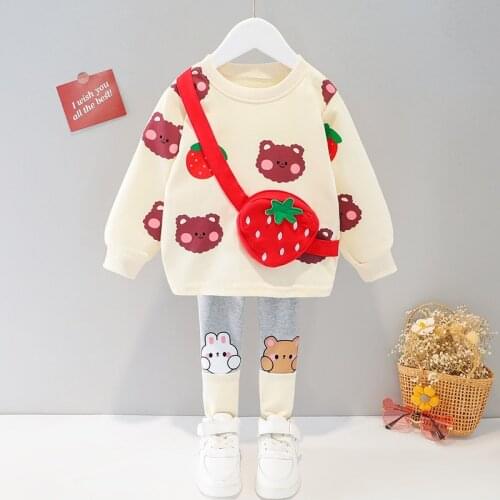 Girls clothes 2021 spring and autumn suit children cartoon bear satchel sweatshirt + trousers female baby cute two-piece suit