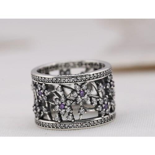 Genuine 925 Sterling Silver Forget Me Not,Purple heart CZ Ring Compatible with European Jewelry