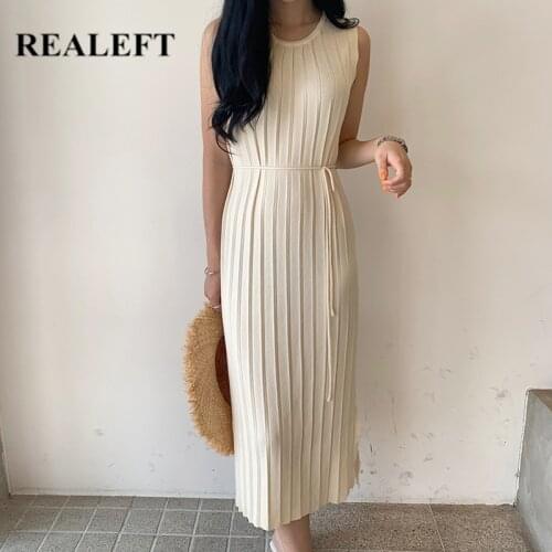 REALEFT Summer 2021 New Oversize Knitting Womens Long Dresses O-Neck Tank Lace Up Casual Sleeveless Loose Korean Split Dresses