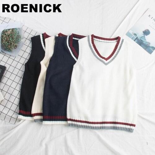 ROENICK Sweaters Vests Women Knitted Striped V-neck Sweater Vest Womens Korean Preppy-style Sweet Sleeveless Loose Leisure