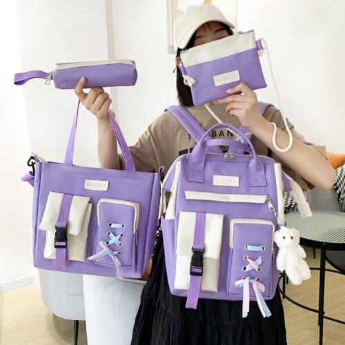 4-piece Set Fashion Women Backpack Canvas School Bags For Teenager Girls Waterproof Anti-theft Cute Travel Backpacks Rucksack