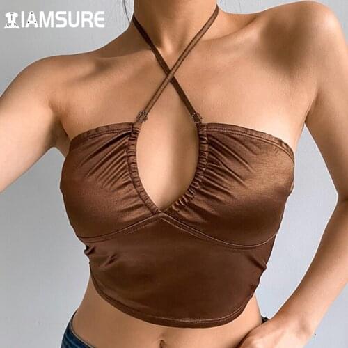 IAMSURE Sexy Halter Top Shirt Hollow Out Backless Camisole For Women Party Night Clube Wear Sleeveless Off Shoulder Crop Top Y2K