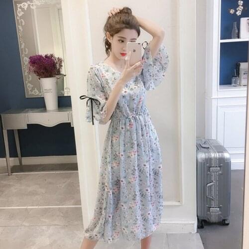 Women chiffon dress 2020 spring summer fashion female elegant vintage prited floral short sleeve loose a-line boho dress S-3XL
