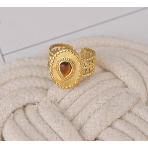 Vintage Brown Water Drop Stone Rings For Women Hollow Leaf Oval Shape Stainless Steel Finger Rings Adjustable Jewelry Party Gift