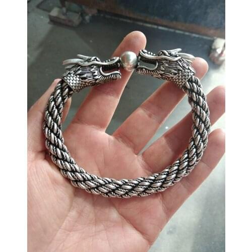 Vintage Tibetan Silver Bangle With Two Dragon Head Bracelet Amulet ornament Bless churinga