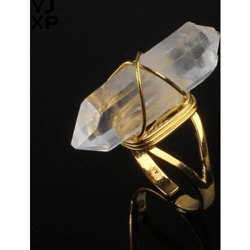 YJXP Handmade Wire Wrapped Gold Color Irregular Shaped Natural Rock Crystal Adjustable Ring Charm Jewelry