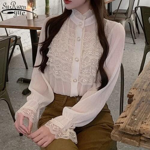 Korean Layered Lace Ruffled Patchwork Blouse Women Spring Sweet Stand Collar Lace Chiffon Shirt Flared Sleeve Buttons Top 13298