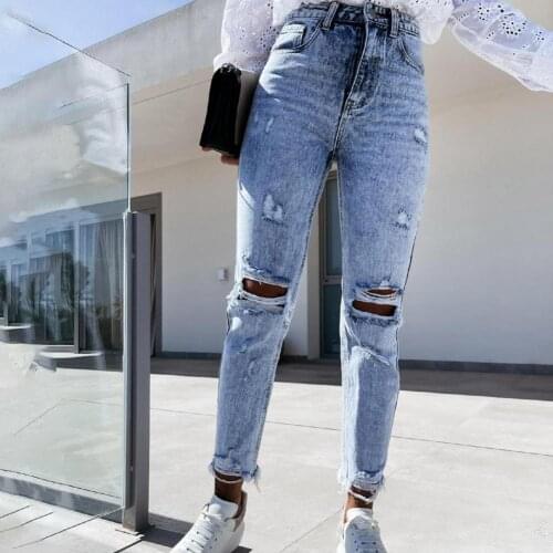 Lady Popular Ripped High Waist Denim Pants Slim Ripped Jeans Solid Color Streetwear