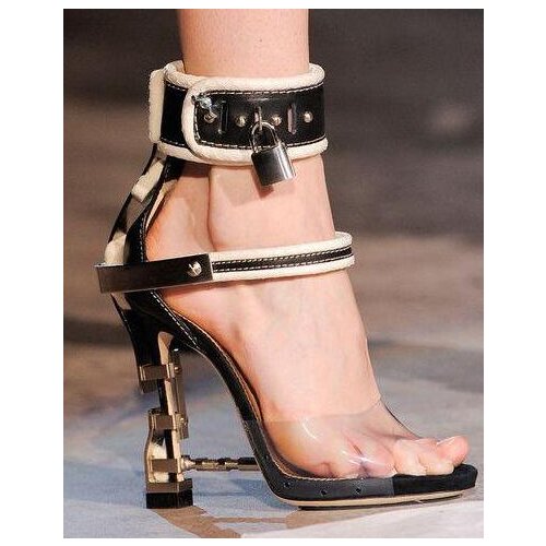 Moraima Snc Summer Woman Metal High Heel PVC Gladiator Sandals Padlock Ankle Strap Sandal Runway Cutouts Party Shoes Dress Heels