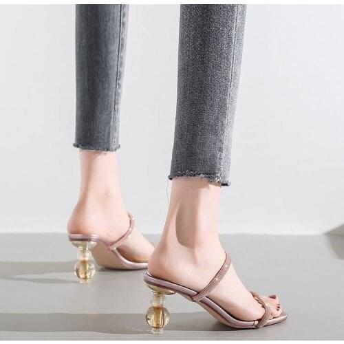 Size 35-43 2021 New Fashion Rhinestone Women Slippers Red Black Slides Pointed Toe High Heels Mules Shoes Female Party Shoes