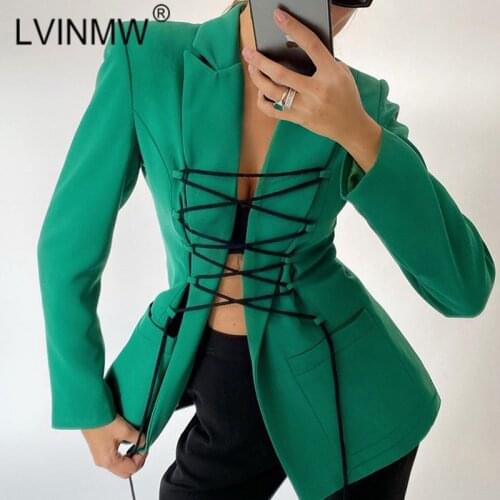 LVINMW Notched Full Sleeve Front Lace Up Cardigans Pockets Solid Stylish Slim Office Lady Blazers For Women Elegant Autumn Coat