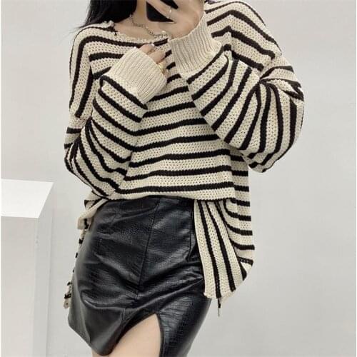 MESTTRAF Women 2021 Fashion Neckline Frayed Striped Loose Sweater Retro Low Round Neck Long Sleeve Womens Pullover Streetwear