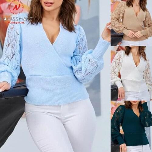 Fashion Women Solid Color Sweaters Hollow Out Design See Through V-Neck Long Sleeve Spring Autumn Casual Pullovers Knitted Top