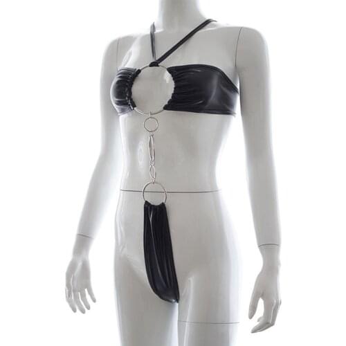 Teddy Lingerie Women Backless Sexy Metal Rings Underwear Halter Punk Gothic Catsuit Bodysuit One-piece Mini Erotic Swimwear