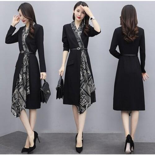 2021 new spring Korean v-neck mid-length stitching a-line dress long-sleeved dress fashion vestidos de festa Robes Femme