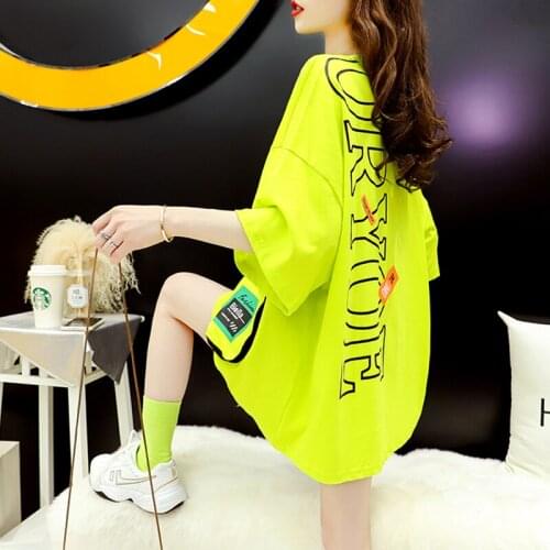 #0218 Green Black White Short Sleeves T-shirt Women Summer Korean Style Casual Loose Tops Clothes Letter Print Fashion Pig Size