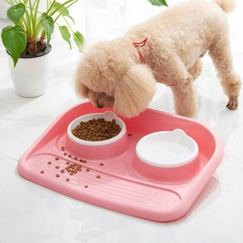1 Set Environmental Protection Food Grade Plastic Bone Type Double Bowl Pet Bowl Dog Bowl Dog Cat Food Bowl Candy Color 450gE