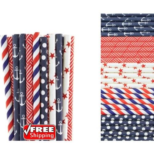 250pcs Mixed 5 Designs Navy Blue and Red Themed Paper Straws-Striped,Dot,Weave,Star,Anchor 4th of July Decorative Party Craft