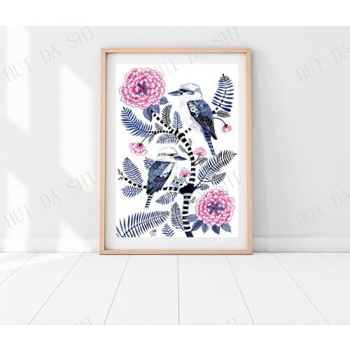Australia Kookaburra Peony Rose Modern Art Botanical Bird Print Chinoiserie Style Hamptons Decor Pretty Pink Floral Design