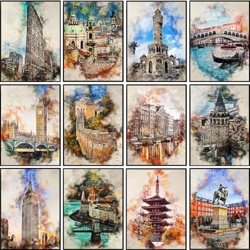 DIY Full Square/Round Drill Diamond Painting Rhinestone Cross Stitch Watercolo Europe City Retro Landmark Tower Embroidery Decor