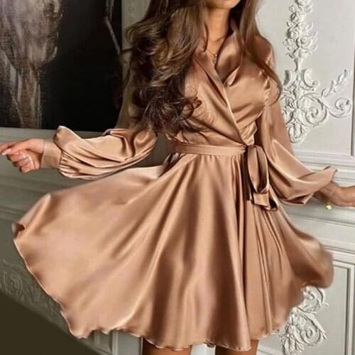 Elegant Dresses for Women V-Neck Satin Dress Women Sexy Party Dress A-Line Casual Lantern Sleeve Women Clothing
