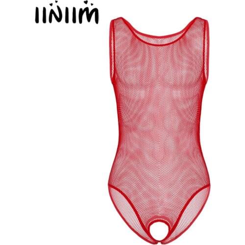 Iiniim Mens Hollow Out Sissy Teddies Costumes Fishnet Lingerie Open Butt Crotchless Open Crotch Bodysuit Exotic Bodycon Catsuit