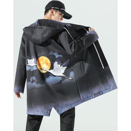 MrGB Long Crane Graphic Kimono Mens Chinese Style Ukiyo Male Windbreaker Vintage Oversize Casual Jacket Branded Mens Clothing