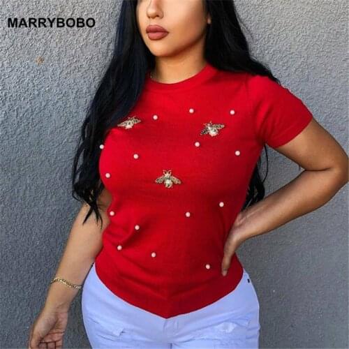 Summer Womens Pearl Beading T Shirt Casual O-Neck Short Sleeve Basic Solid T Shirt Ladies Office Tee Tops Female Plus Size