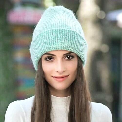 2021 Fashion New Winter Hat for Women Rabbit Cashmere Knitted Beanies Thick Warm Vogue Ladies Wool Angora Hat Female Beanie Hats