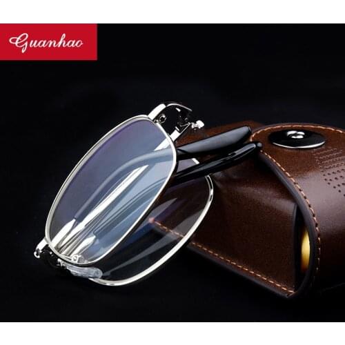 Guanhao Anti Blue Light Blocking Reading Glasses Fashion Folding Readers with Leather Cases Glasses Eyewear for Men and Women