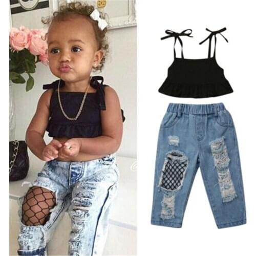 1-6 Years Girls Clothes Set Sleeveless Sling Vest For Girls Solid Black Tops Blue Long Hole Jeans Bottoms Girls Sets Clothing