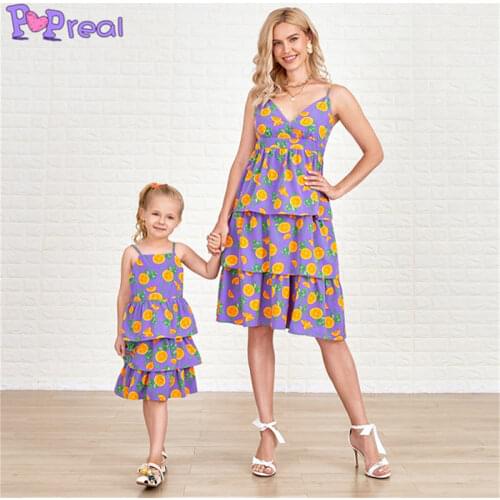 PopReal Summer V-Neck Sling Fruit Print Cupcake Dress Mommy And Me Dress Girl Clothes Mom And Daughter Matching Dresses