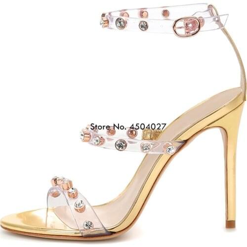 Sexy Crystal PVC Women Sandals High Heels Buckle Strap Gladiator Women Sandals Stiletto Wedding Rhinestone Shoe