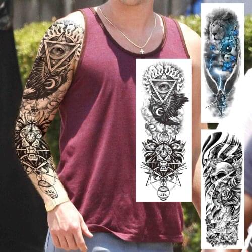 Demon Eye Full Arm Tattoo Sticker For Men Adult Eagle Lion Temporary Tattoos Sleeves Black Geometric Transfer Fake Tatoo Large