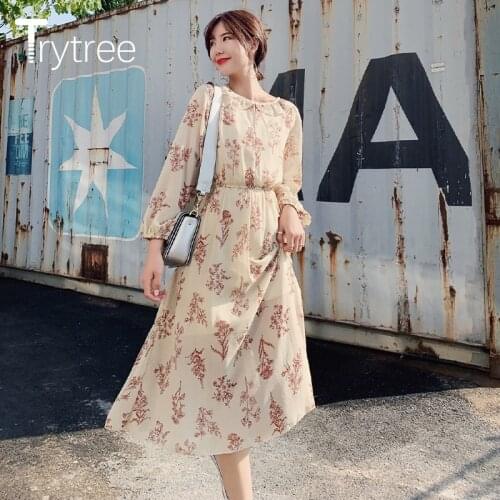 Trytree 2020 Spring Women Dress Casual O-neck Ruffles Lantern Sleeve A-line Print All-Purpose Style Fashion Elegant Long Dress