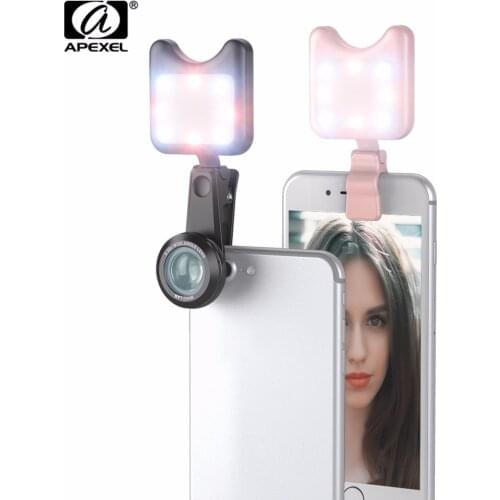 APEXEL Universal Phone Lens With Led Flash Fill Light Adjustable Brightness+Wide Angle Lens+15X Macro Lens For iPhone Samsung