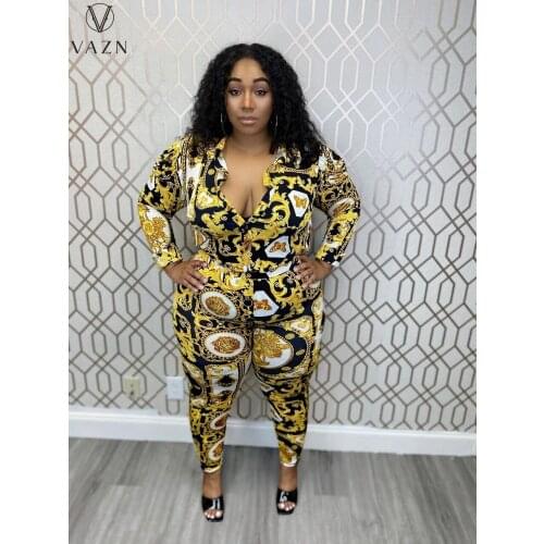 VAZN 2021 New Overalls Mature Plus Size High-end Sexy Young Print Vintage Full Sleeve Shirt Top Long Pant Women 2 Piece Set