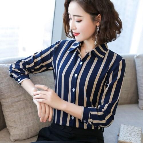 2021 Spring Long-Sleeved Vertical Stripes Chiffon Shirt Women Cardigan New Chiffon Shirt Professional Wear Shirt All-Match Shirt